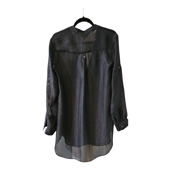 Zoa Womens Small Blouse Sheer Navy V-Neck Pockets Roll Tab Sleeves - Picture 2 of 11